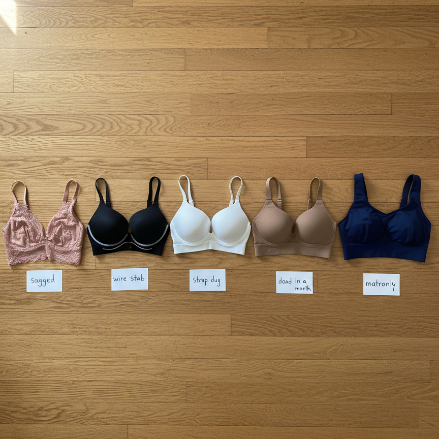 Eight wireless bras laid out in a row on a wood floor